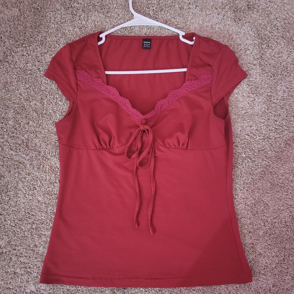 Red Short Sleeve Top with Lace Detail